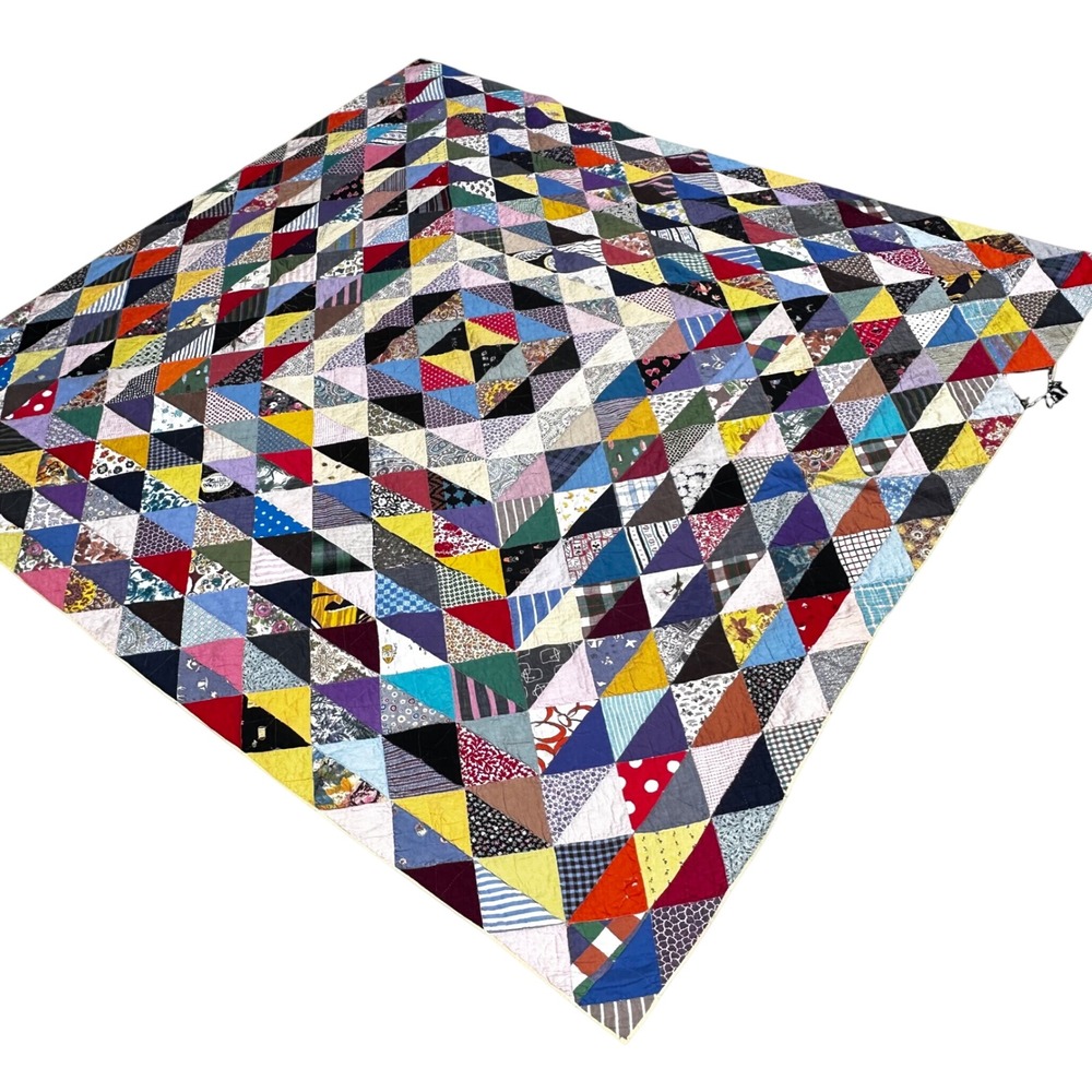 VTG Handmade Scrap Quilt Triangle Patchwork Primitive Cutter 77x82 Multi READ